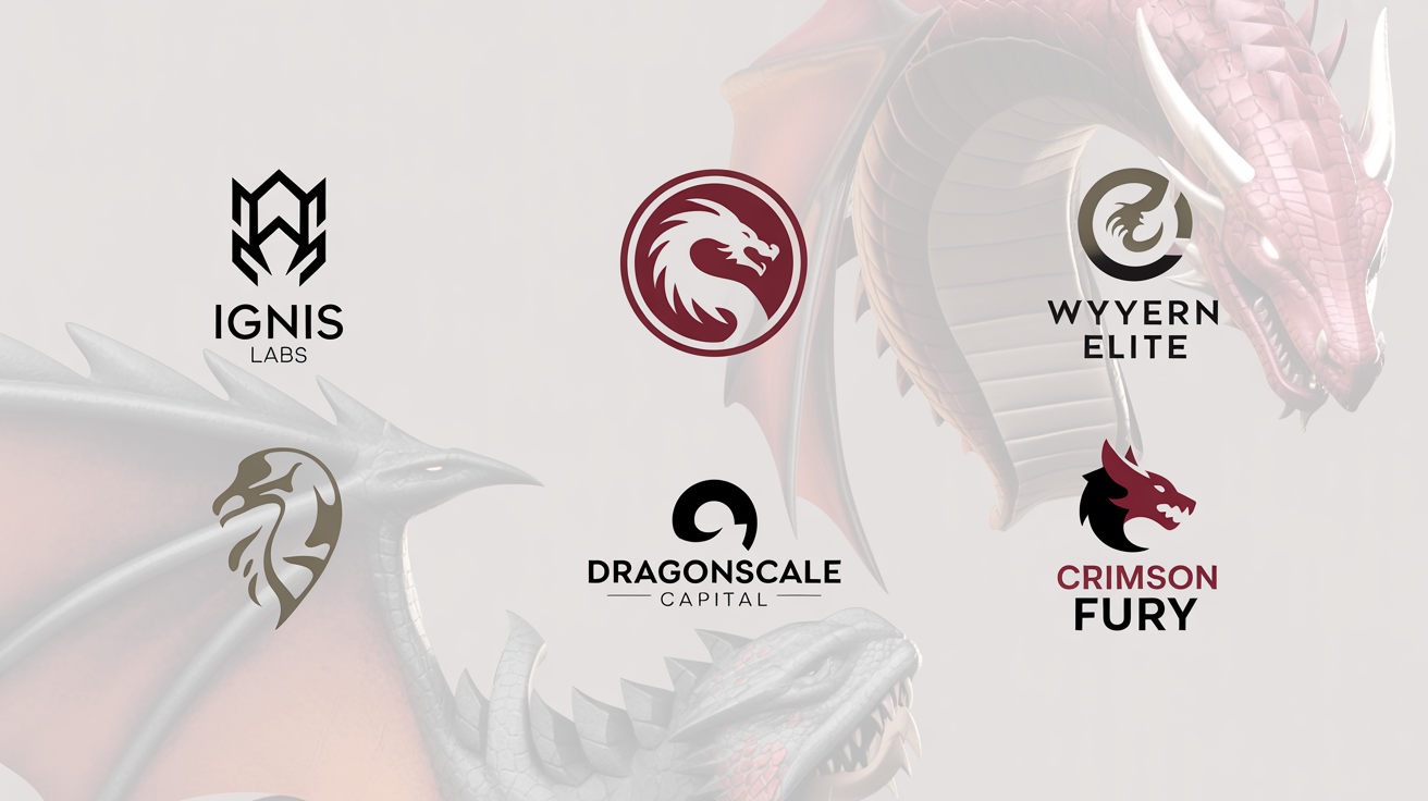 A showcase of four professionally designed dragon logos in various modern styles, arranged neatly on a light gray background. The logos include minimalist, emblem, and mascot designs, demonstrating the final output of a logo generator.