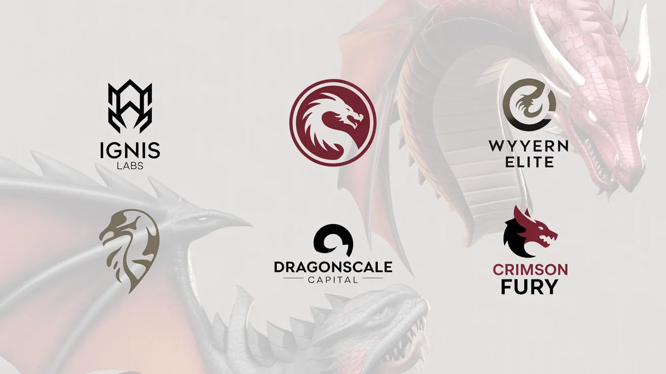 A showcase of four professionally designed dragon logos in various modern styles, arranged neatly on a light gray background. The logos include minimalist, emblem, and mascot designs, demonstrating the final output of a logo generator.