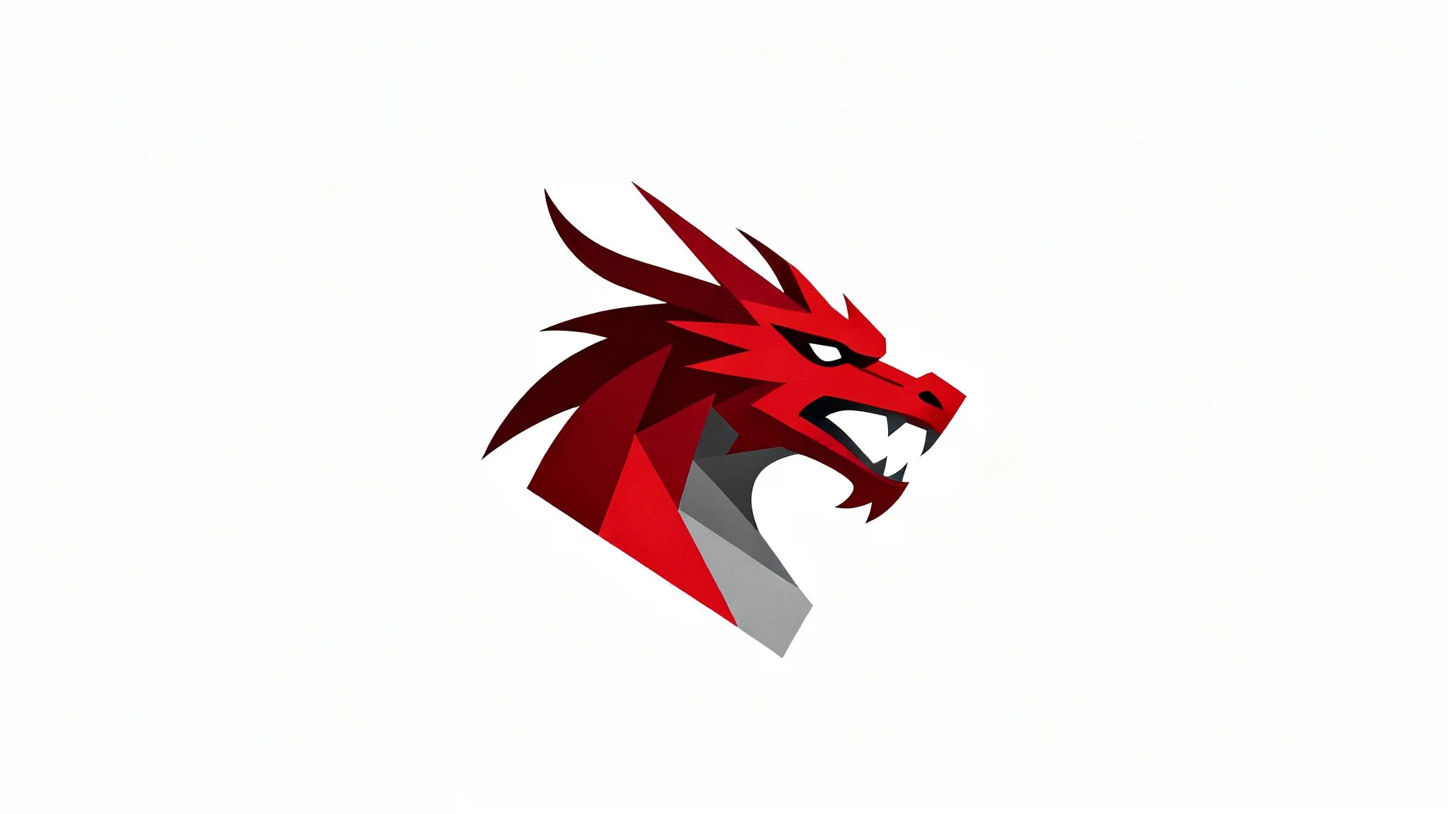 A modern, minimalist logo of a dragon's head in profile, designed with sharp geometric lines in red and gray, centered on a white background.
