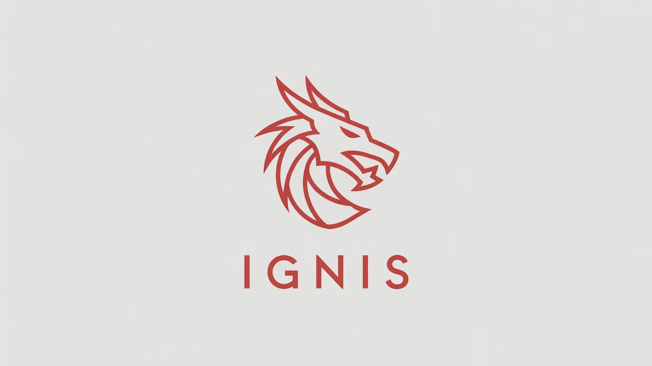 A modern, minimalist logo of a stylized red dragon head with the fictional brand name 'IGNIS' below it, on a white background.