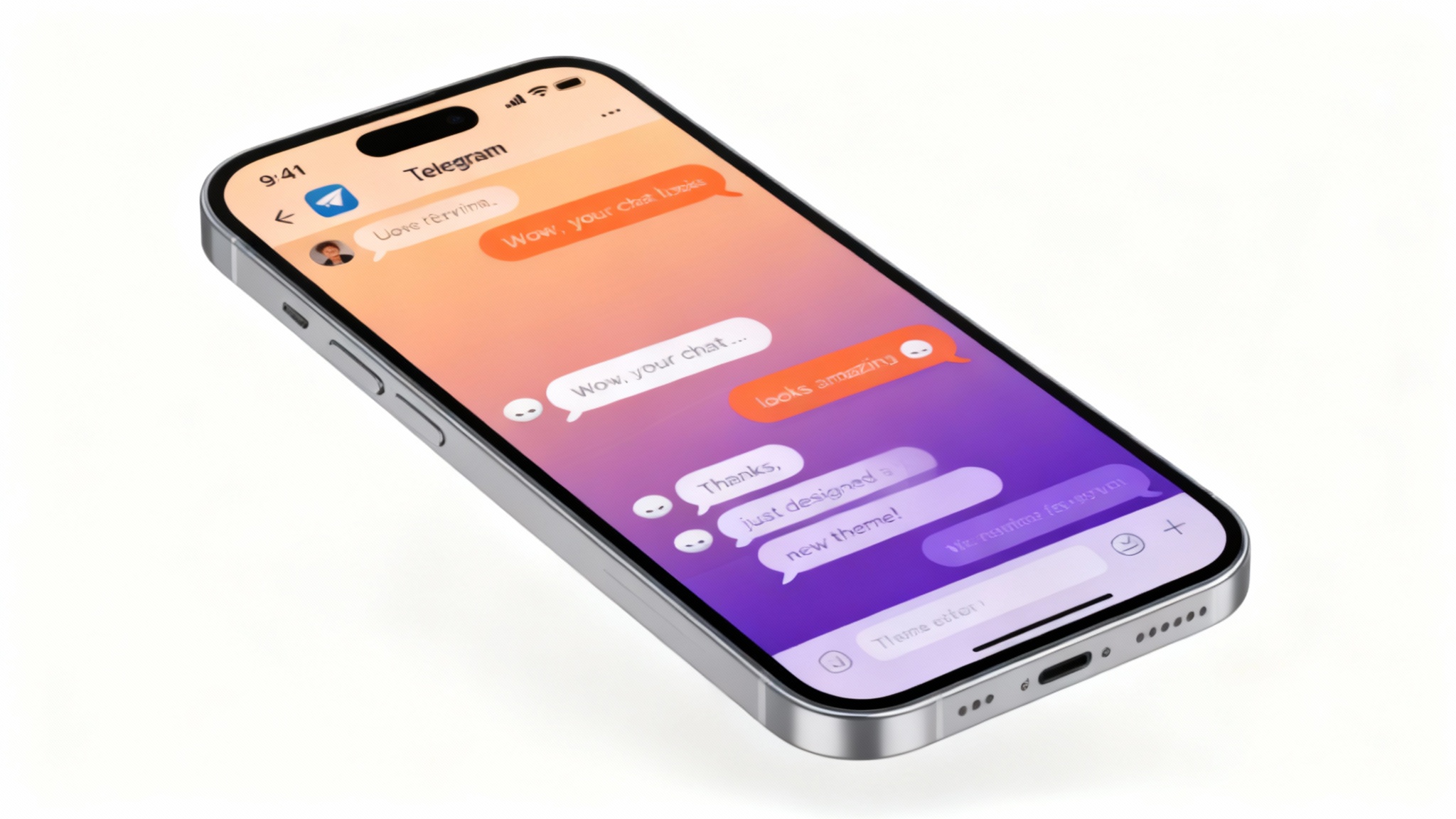 A modern smartphone displaying a beautifully designed custom Telegram theme with a sunset gradient background and orange and white chat bubbles, set against a clean white backdrop.