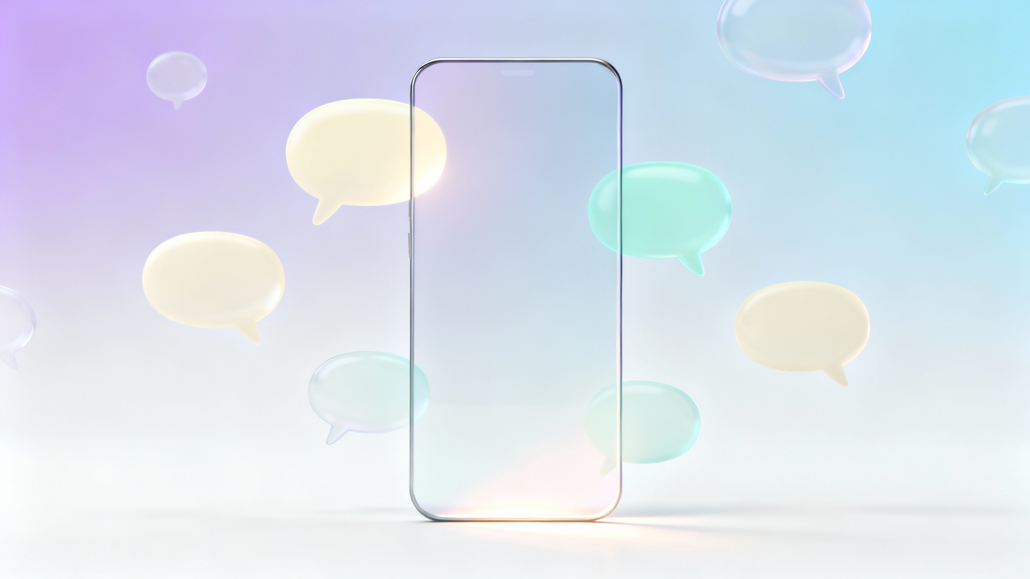A mockup of a custom Telegram theme on an abstract, borderless smartphone screen. The theme shows a soft pastel gradient background with floating, translucent shapes resembling chat bubbles, all on a clean white background.
