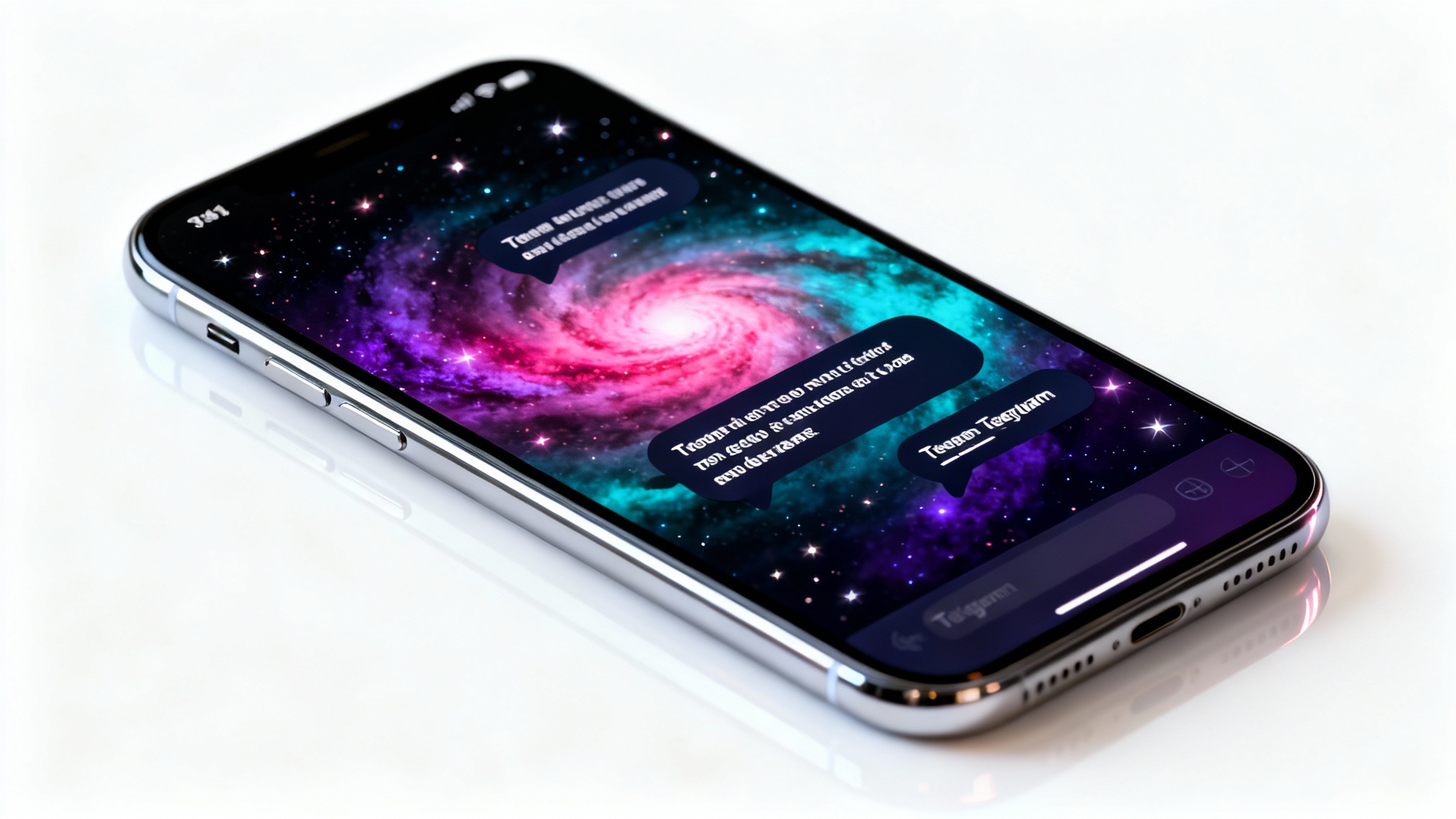 A modern smartphone on a white background, displaying a custom Telegram theme with a dark purple and blue galaxy design.