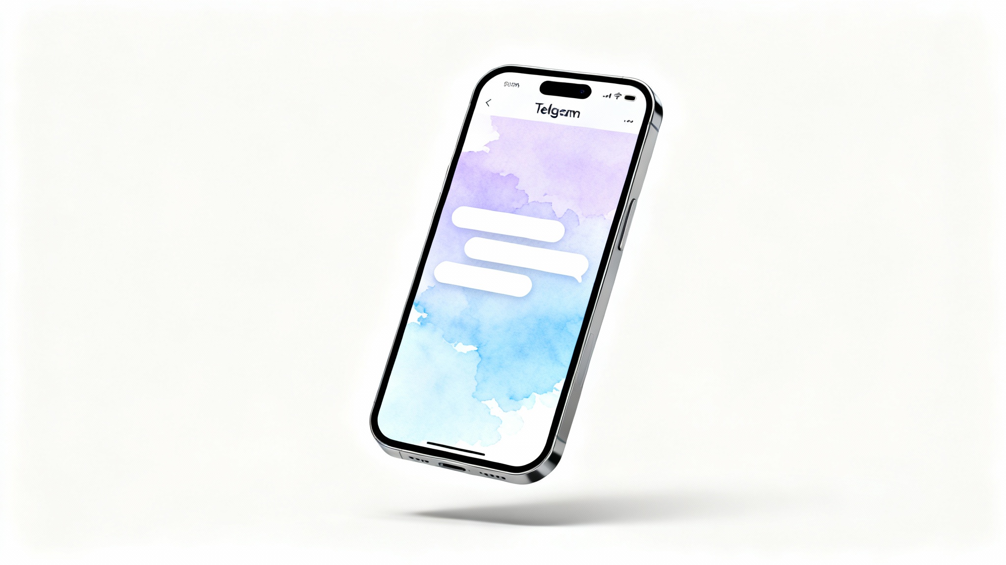A modern smartphone mockup displaying a custom Telegram theme with a light, pastel watercolor design, floating against a solid white background.