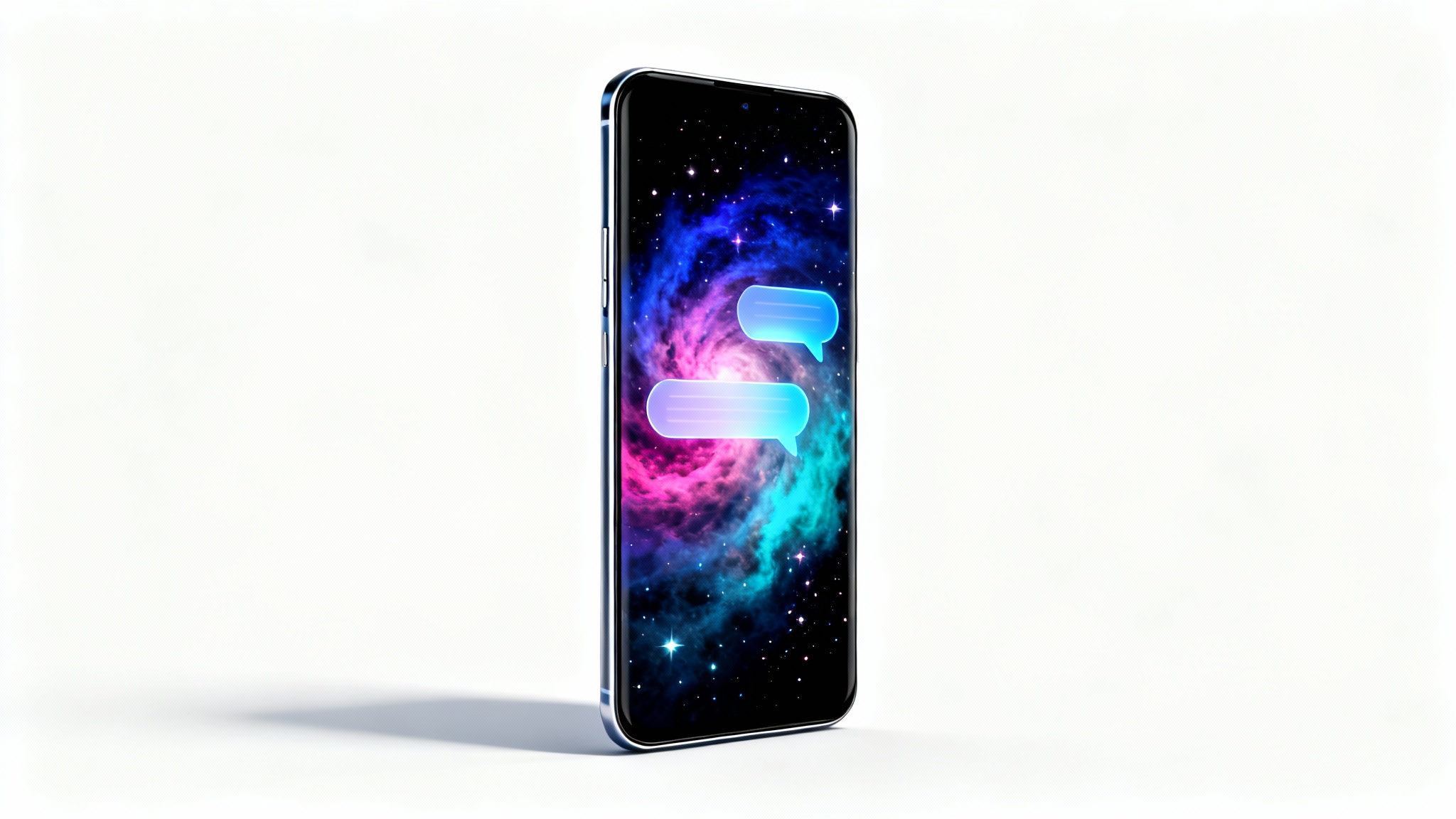 A modern smartphone displaying a custom Telegram theme with a cosmic night sky and glowing blue chat bubbles, set against a white background.