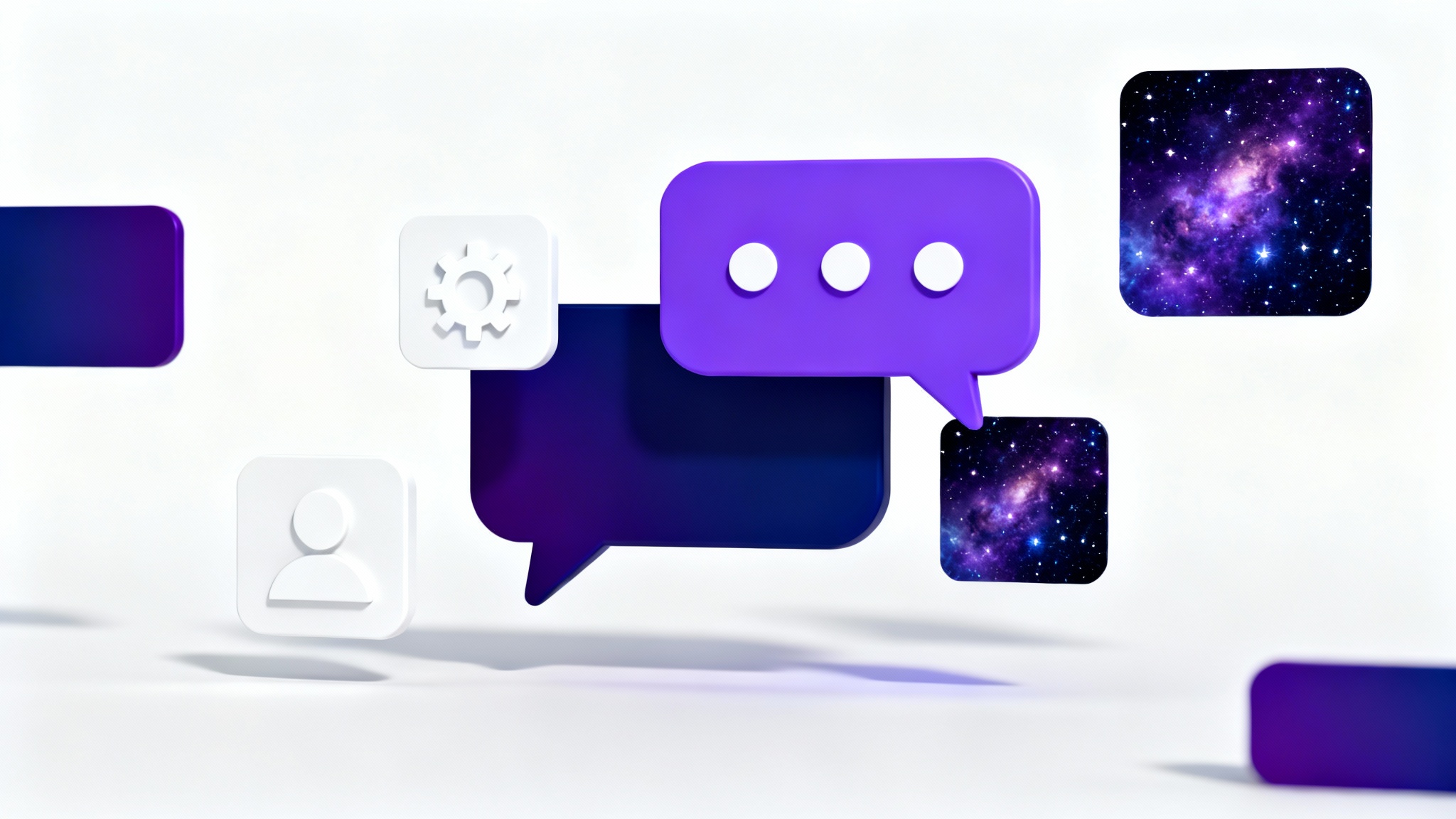 A mockup of a custom Telegram theme with a dark, starry night aesthetic, featuring floating chat bubbles and icons against a white background.