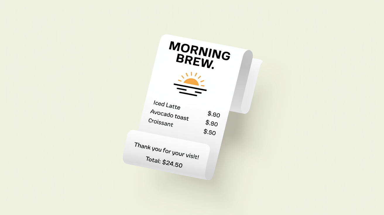 A professionally designed digital receipt for a cafe, floating over a minimalist background. The receipt shows an itemized list, a total, and a thank you message.