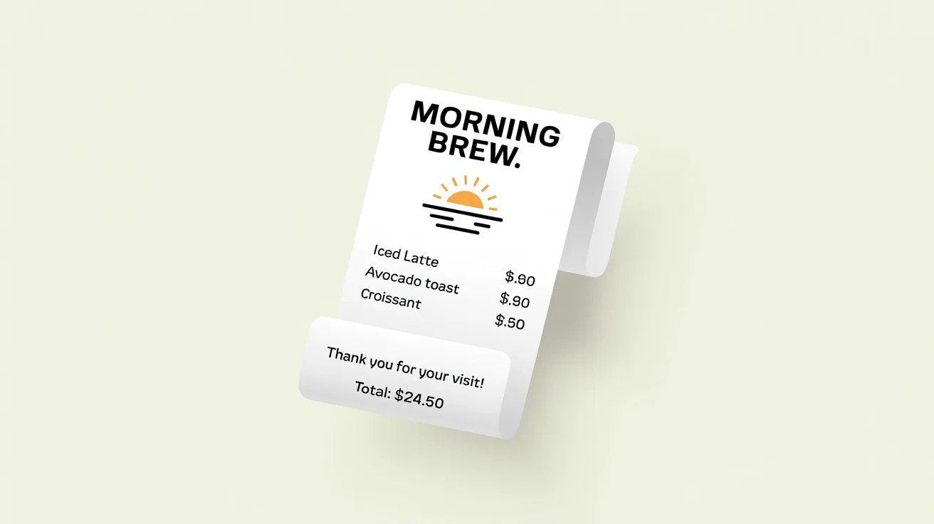 A professionally designed digital receipt for a cafe, floating over a minimalist background. The receipt shows an itemized list, a total, and a thank you message.