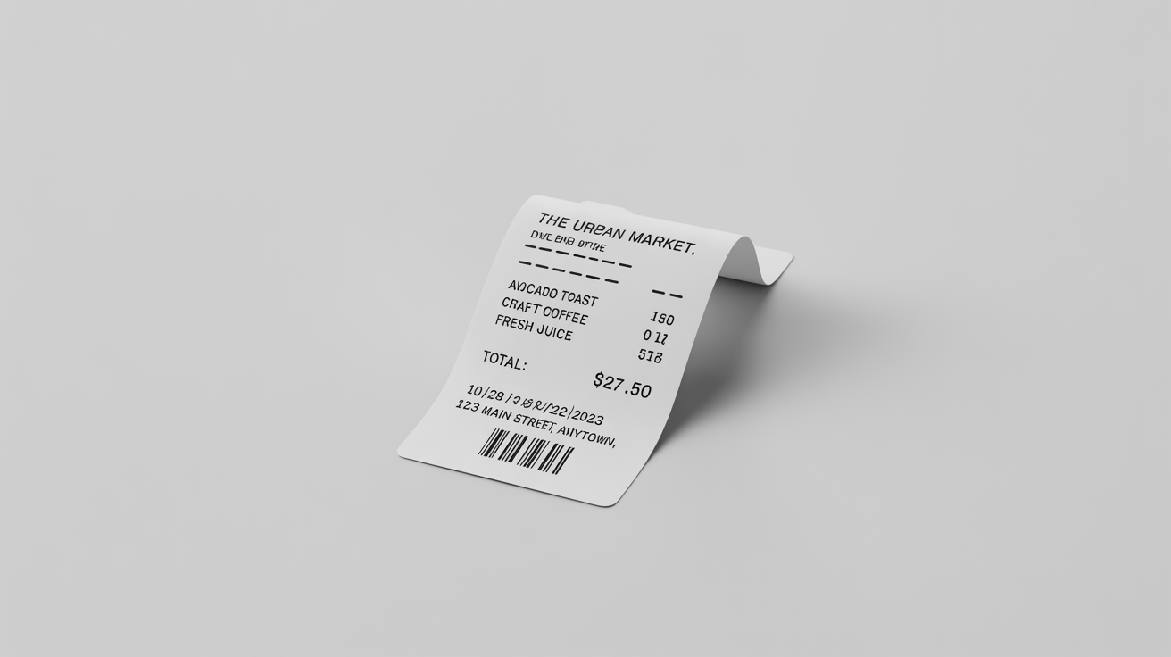 A photorealistic mockup of a clean, modern paper receipt from 'The Urban Market' on a plain white background.