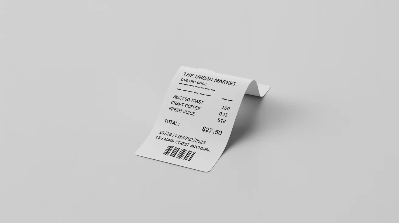 A photorealistic mockup of a clean, modern paper receipt from 'The Urban Market' on a plain white background.