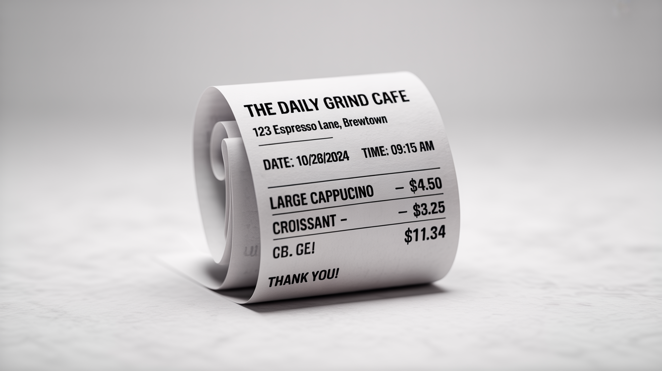 A photorealistic mockup of a cafe receipt from 'The Daily Grind Cafe' on a clean white background, detailing a purchase of coffee and a croissant.