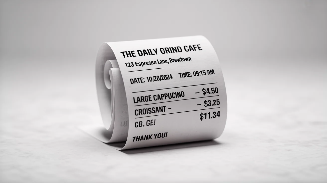 A photorealistic mockup of a cafe receipt from 'The Daily Grind Cafe' on a clean white background, detailing a purchase of coffee and a croissant.
