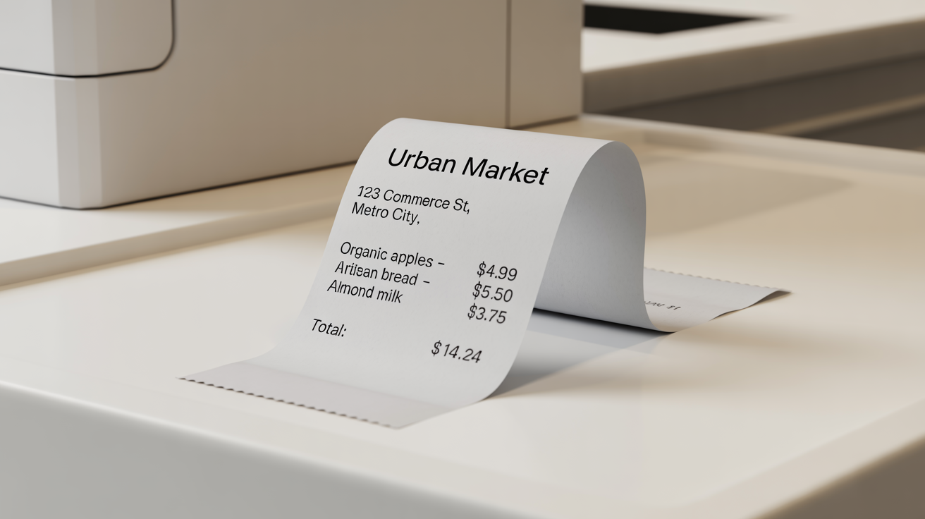 A realistic mockup of a grocery store receipt from 'Urban Market' totaling $14.24, presented on a clean white background.