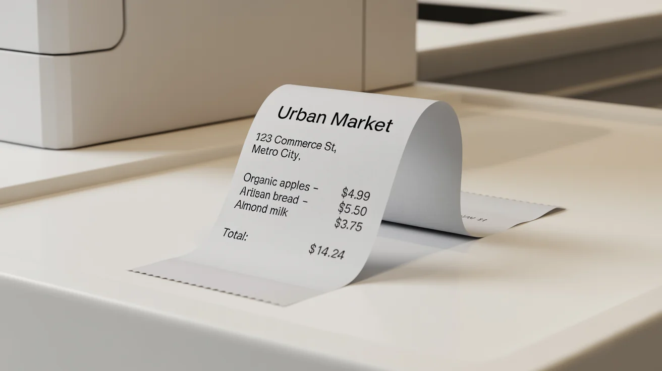 A realistic mockup of a grocery store receipt from 'Urban Market' totaling $14.24, presented on a clean white background.