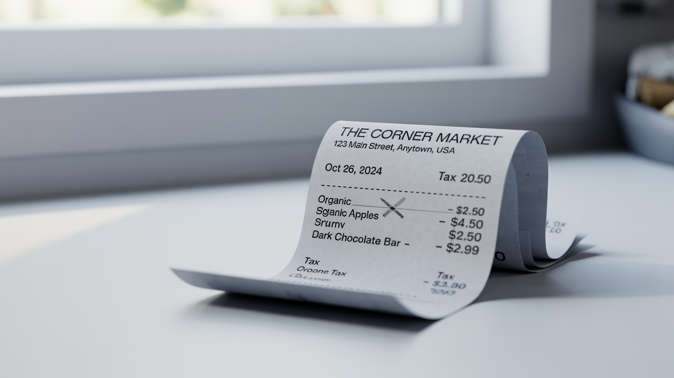 A realistic mockup of a paper receipt from 'The Corner Market', detailing a list of purchased grocery items and their total cost, set against a plain white background.