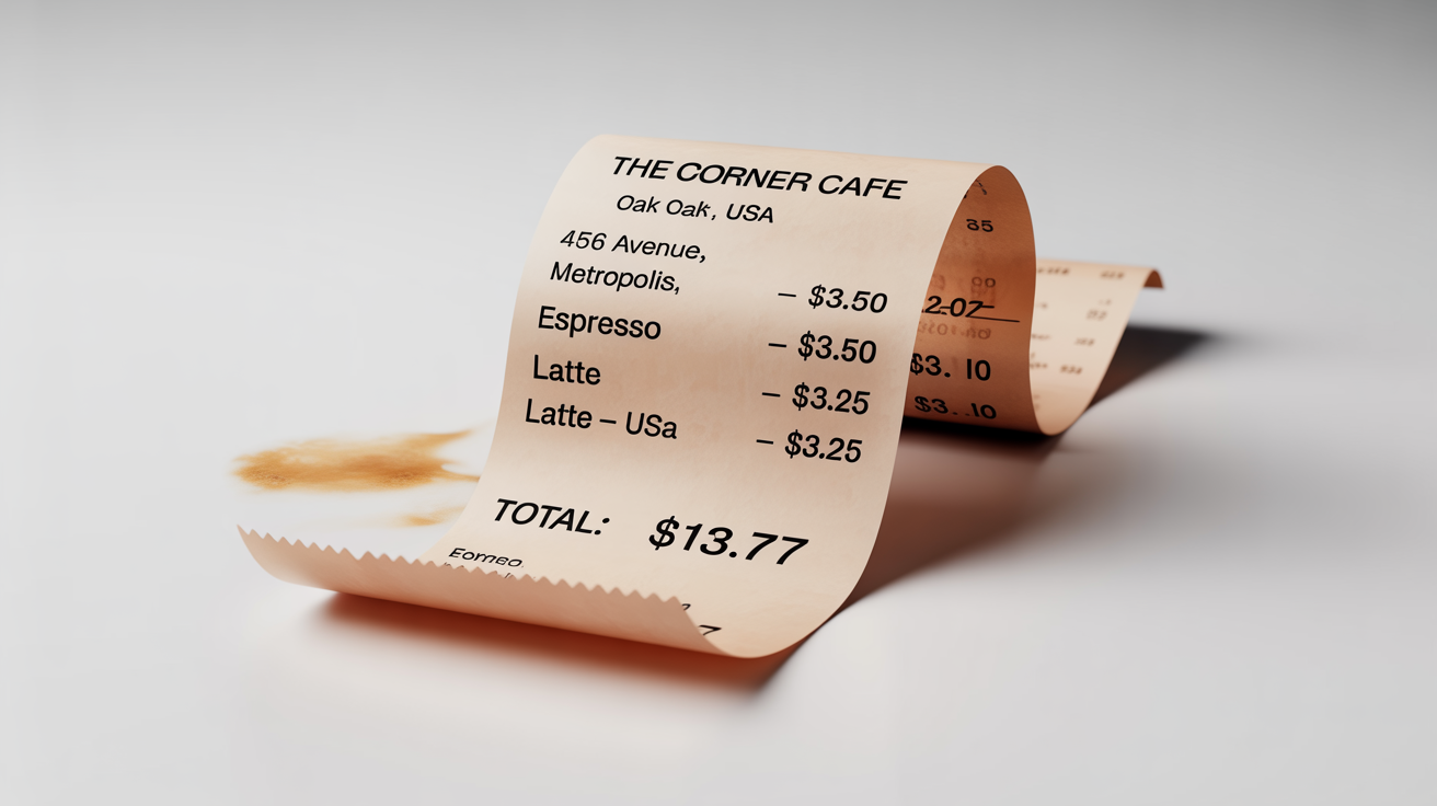 A realistic mockup of a paper receipt from 'The Corner Cafe' showing a list of items and a total, set against a clean white background.