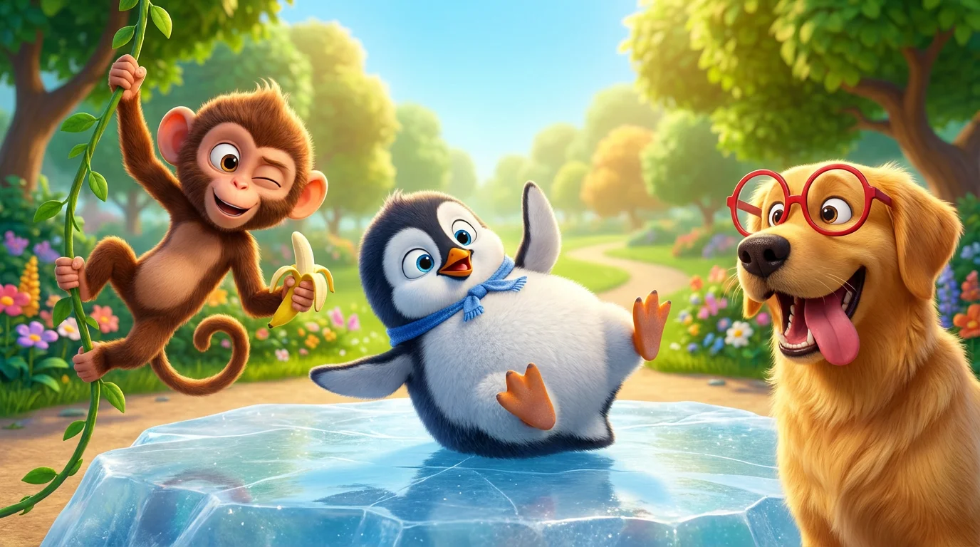 A high-quality 3D render of three funny animal characters in a park: a monkey swinging from a vine, a penguin slipping on ice, and a laughing dog wearing glasses, all in a professional cinematic animation style.