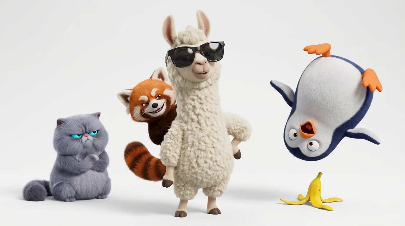A vibrant 3D rendering of a group of funny animal characters against a white background, including a cool llama in sunglasses, a penguin slipping on a banana peel, a photobombing red panda, and a grumpy cat.