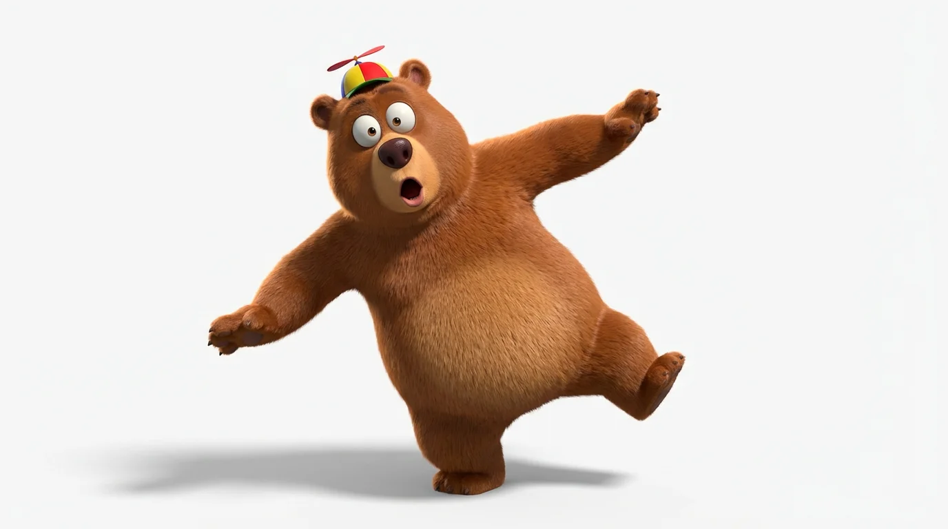 A 3D render of a funny cartoon bear wearing a tiny propeller hat, looking surprised with its arms outstretched against a solid white background.