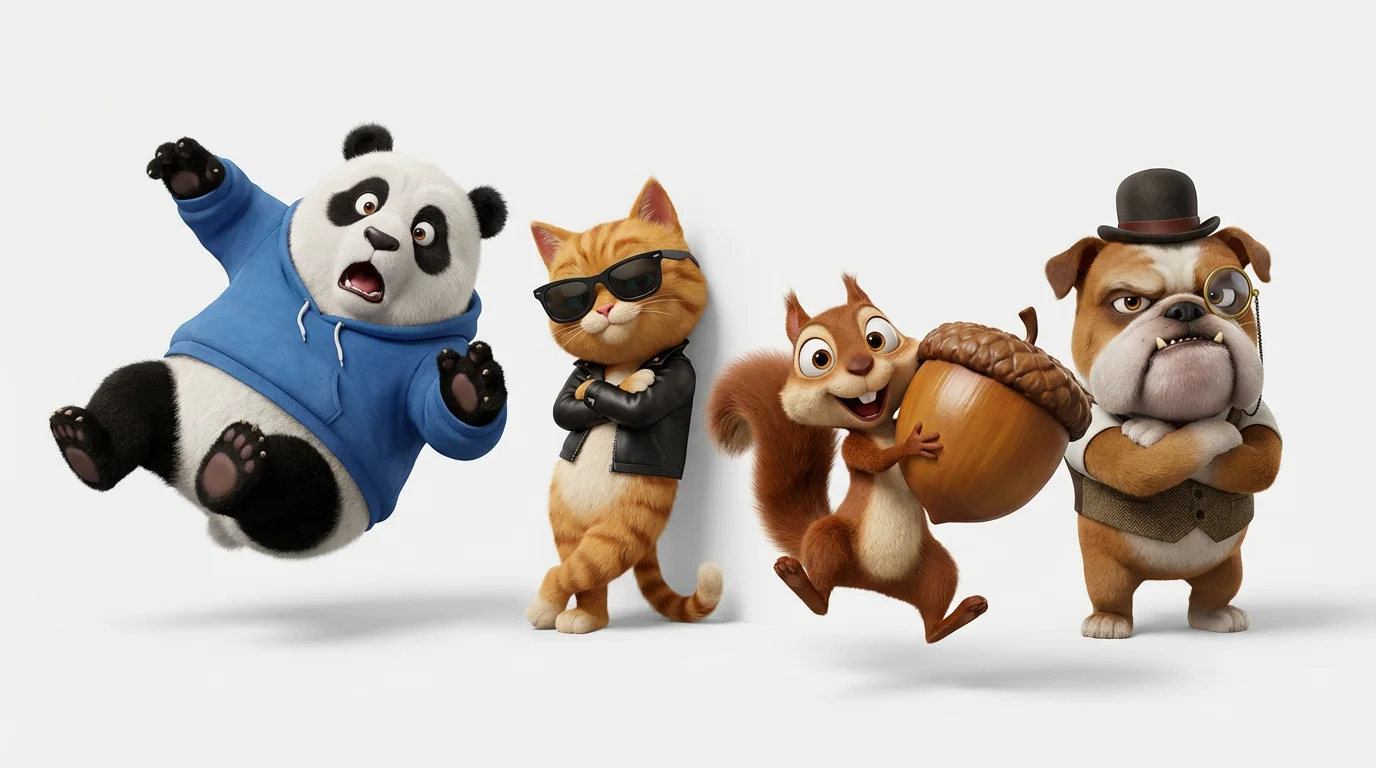 A group of four funny, 3D-rendered cartoon animal characters on a white background. A clumsy panda is falling in the center, surrounded by a cool cat in sunglasses, a grumpy bulldog in a top hat, and an excited squirrel holding a large acorn.