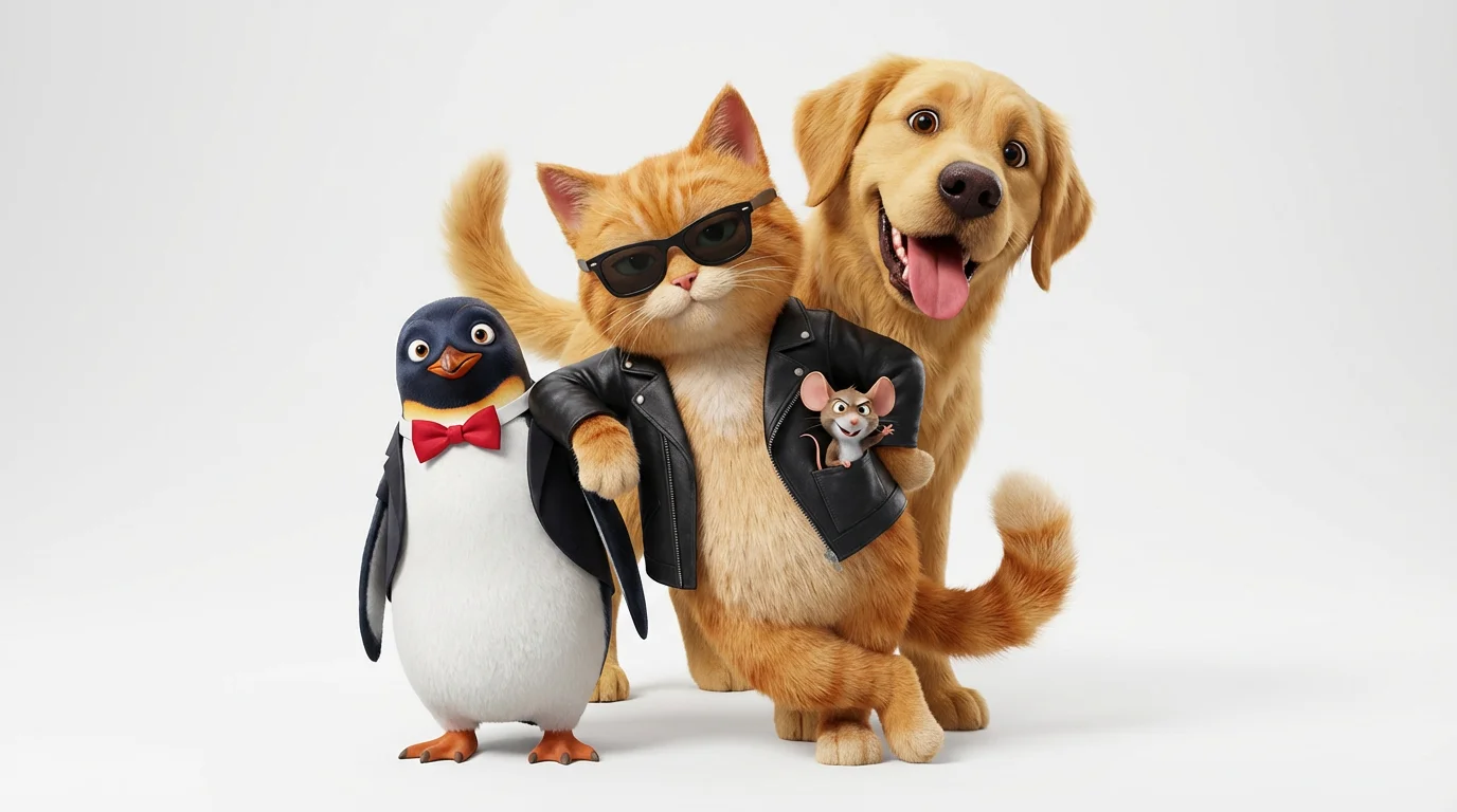 A 3D rendering of a group of funny animal characters on a white background. The group includes a cool cat in sunglasses, a goofy dog, a tiny mouse, and a penguin in a bowtie, all posing together.