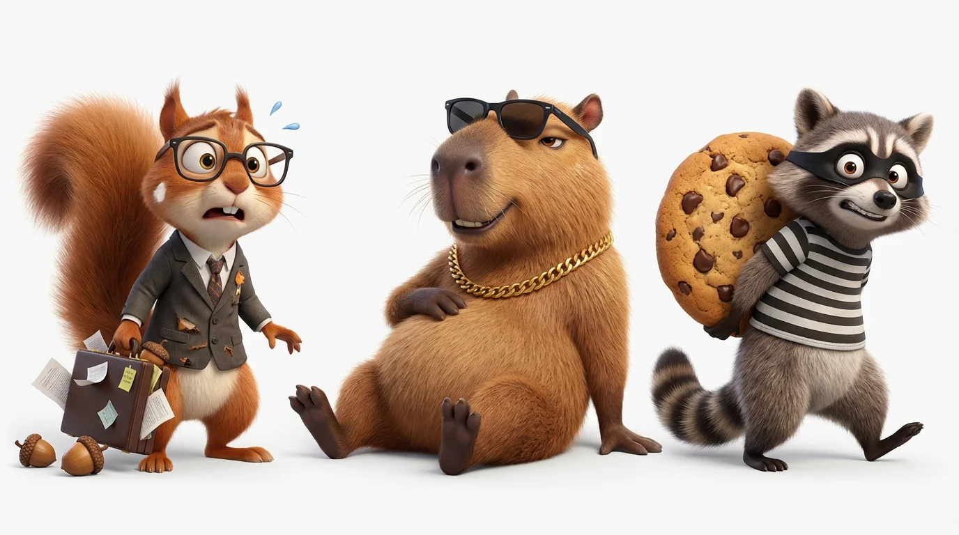 A 3D digital rendering of three funny animal characters on a white background: a flustered squirrel in a business suit, a cool capybara with sunglasses, and a mischievous raccoon dressed as a burglar.