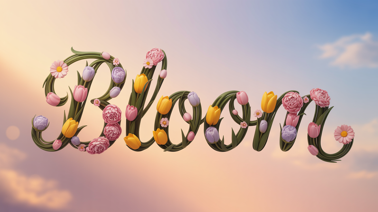 The word "Bloom" in a flowing script font, with the letters filled with a detailed pattern of colorful flowers like daisies, tulips, and peonies, intertwined with green leaves on a soft pastel background.