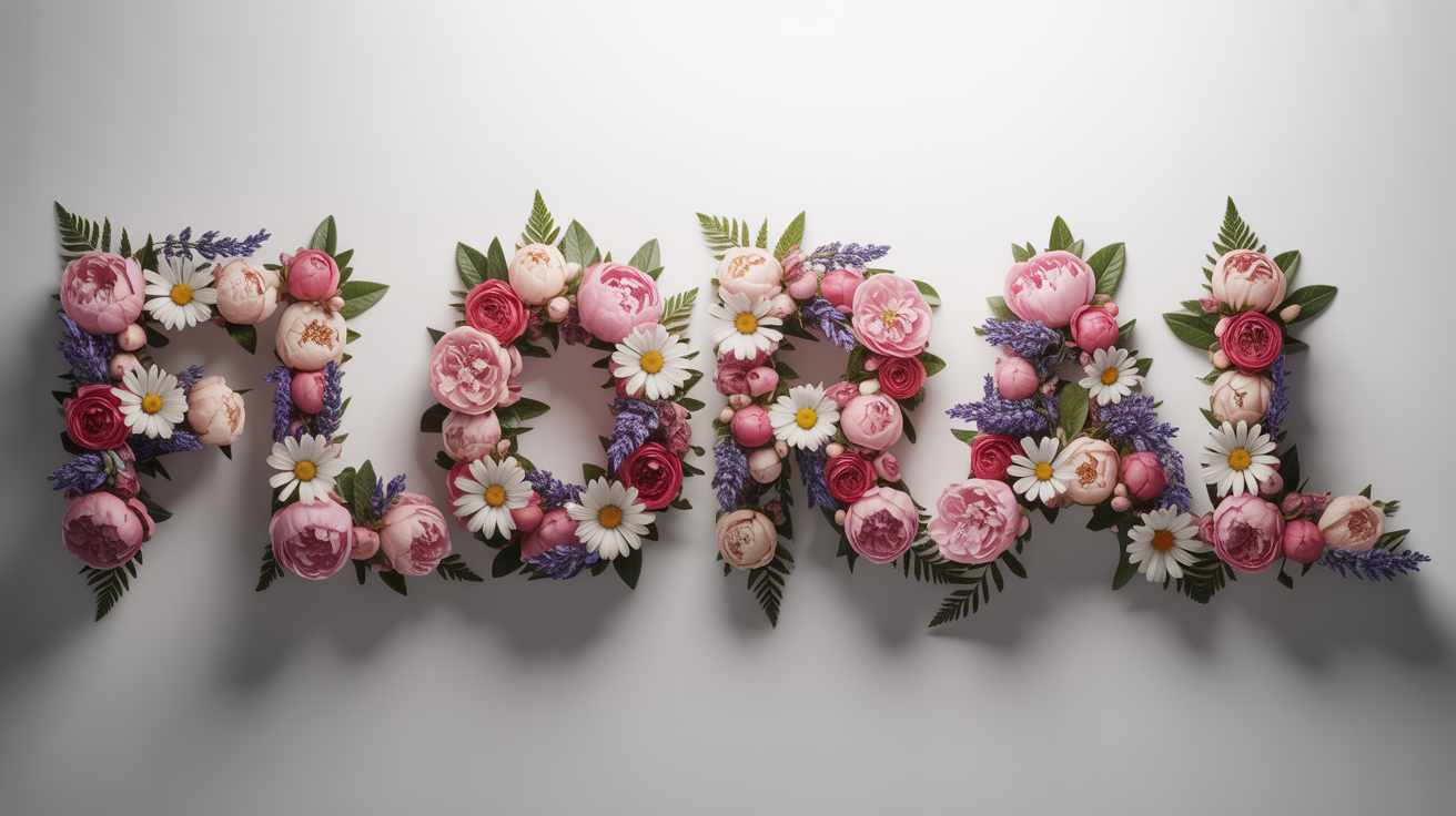 The word 'FLORAL' spelled out with an elegant arrangement of various colorful flowers, including roses and peonies, set against a plain white background.