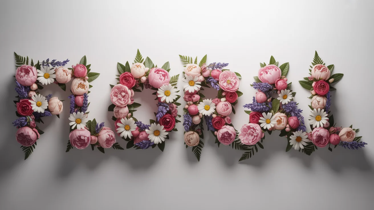 The word 'FLORAL' spelled out with an elegant arrangement of various colorful flowers, including roses and peonies, set against a plain white background.