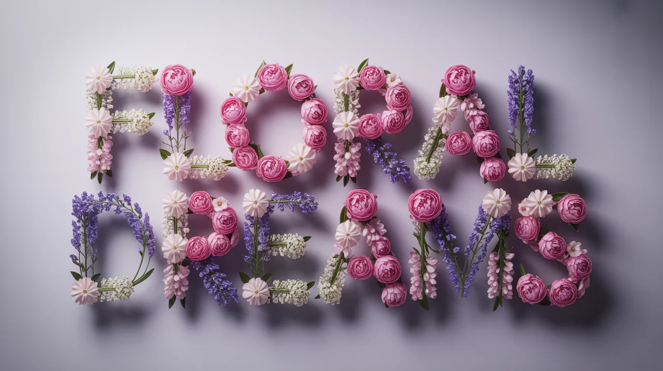 The words 'Floral Dreams' spelled out with an intricate arrangement of realistic pink, white, and purple flowers and green leaves, set against a solid white background.