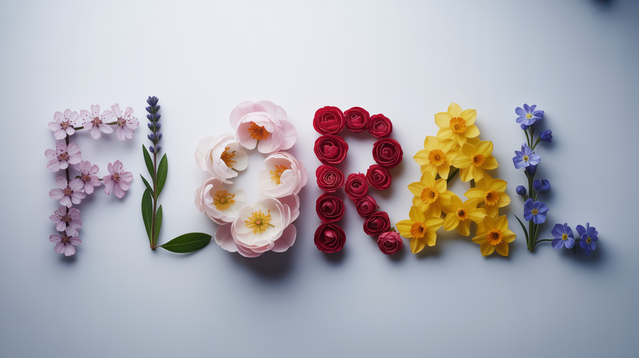 A photorealistic image of the word 'FLORAL' spelled out with different types of colorful, fresh flowers for each letter, set against a plain white background.