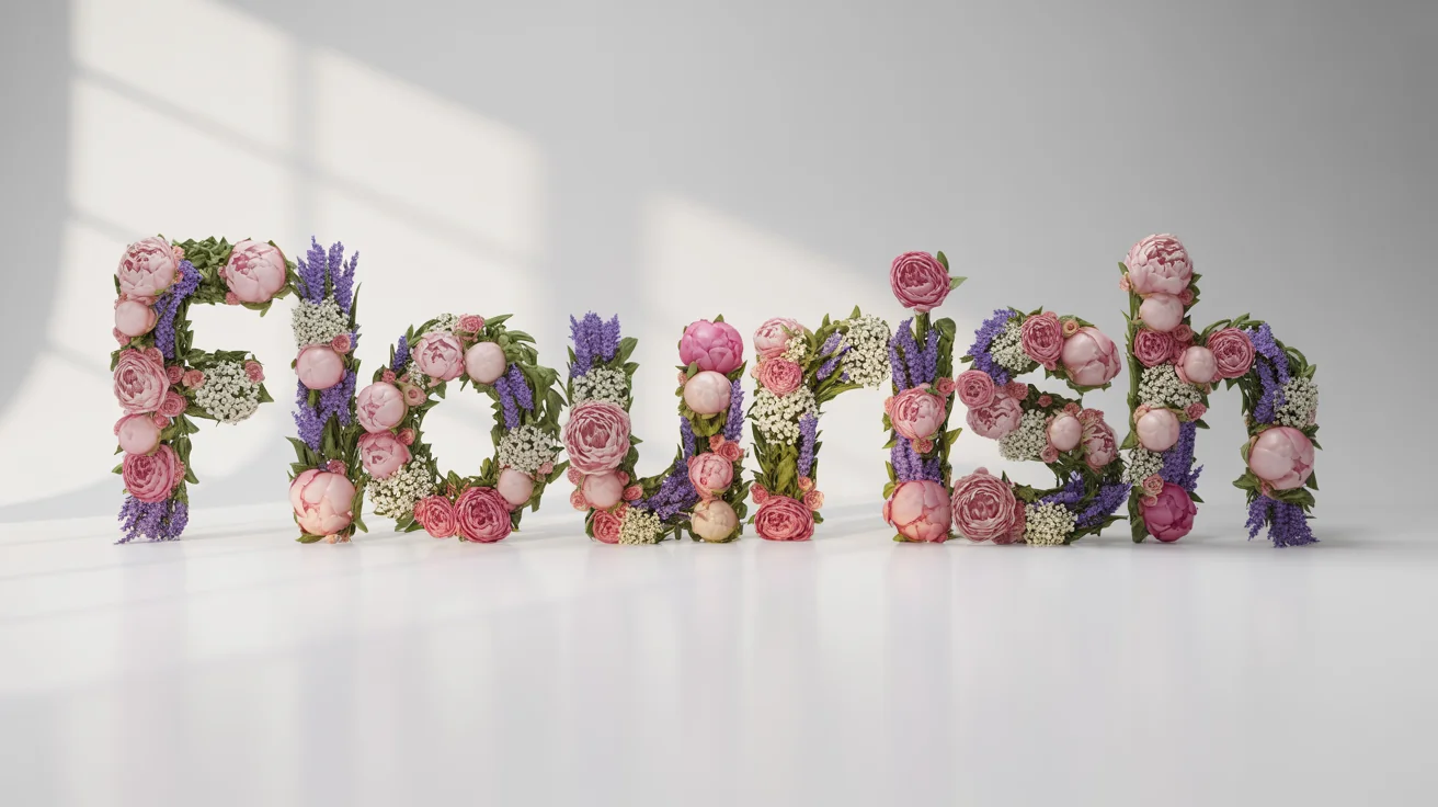 The word FLOURISH created from a beautiful arrangement of pink, white, and lavender flowers with green leaves, set against a plain white background.