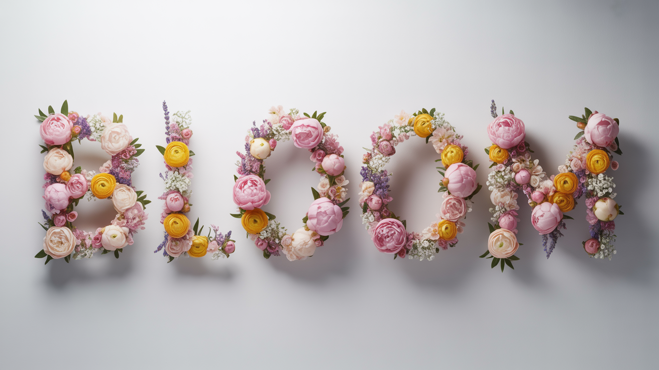 The word 'BLOOM' spelled out in a beautiful, photorealistic arrangement of pink, white, and yellow flowers against a stark white background.