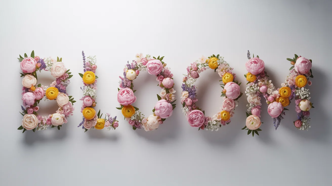 The word 'BLOOM' spelled out in a beautiful, photorealistic arrangement of pink, white, and yellow flowers against a stark white background.
