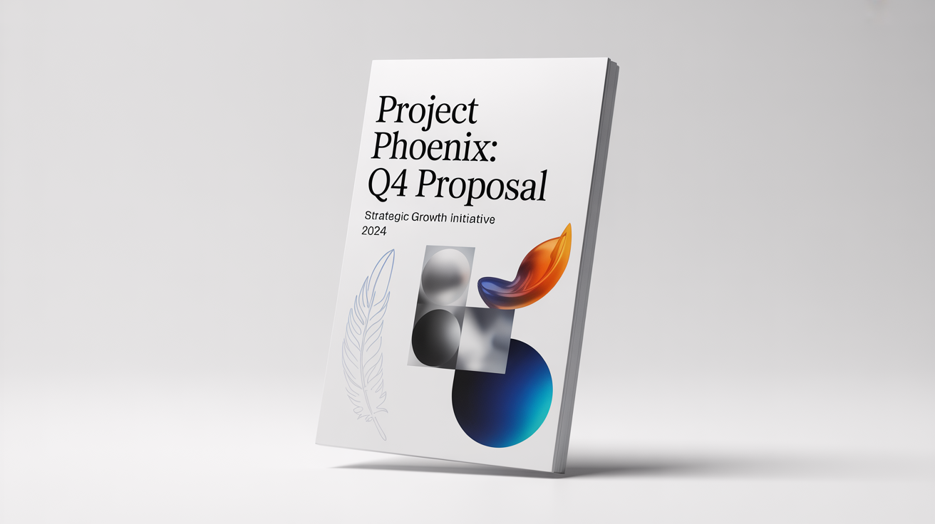A professionally designed cover page for a business proposal titled 'Project Phoenix', displayed as a photorealistic mockup with a modern geometric design in blue, gray, and orange.