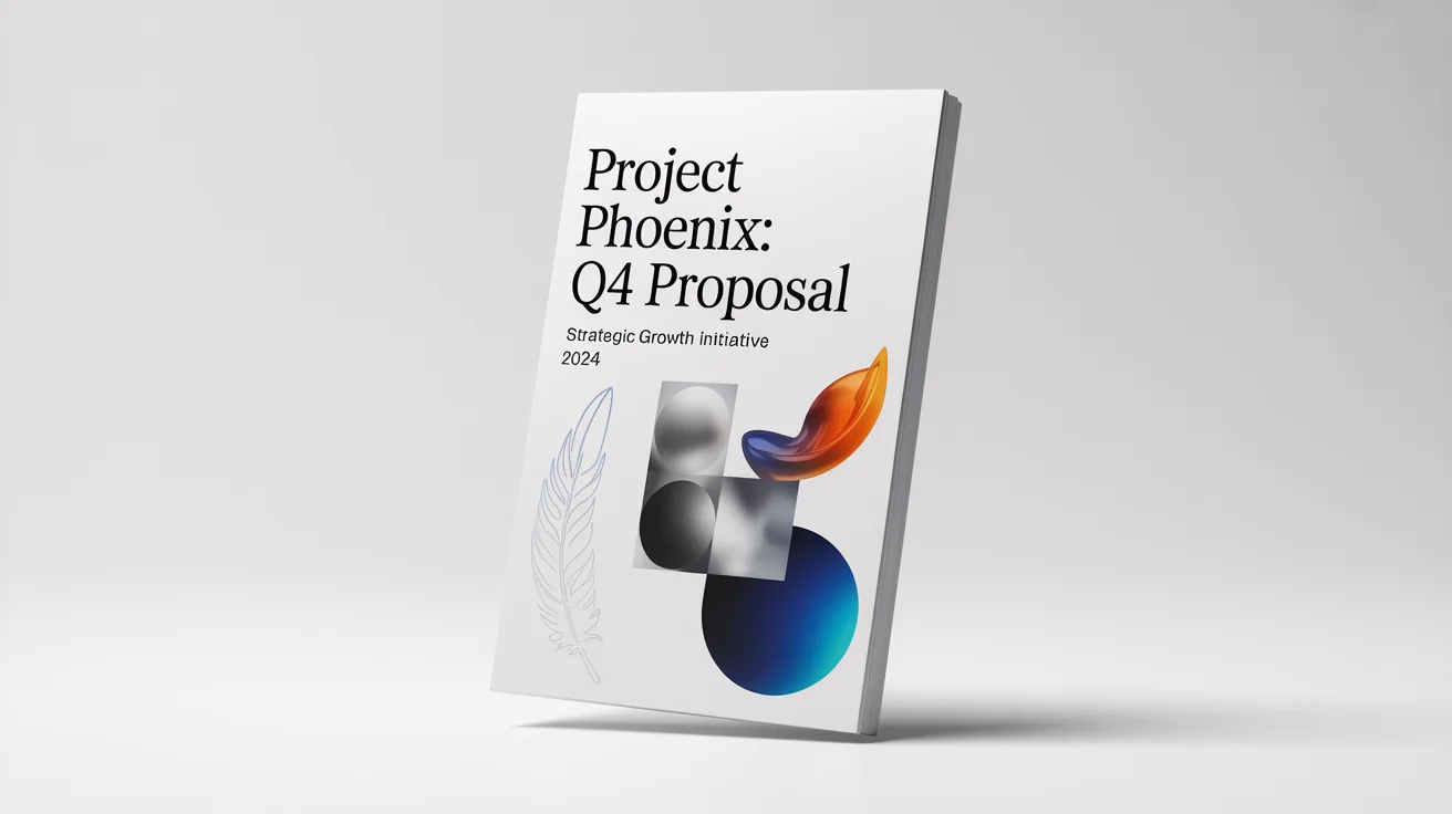 A professionally designed cover page for a business proposal titled 'Project Phoenix', displayed as a photorealistic mockup with a modern geometric design in blue, gray, and orange.