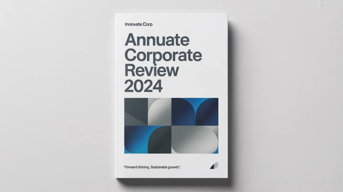 A mockup of a professional corporate cover page for an 'Annual Corporate Review 2024' from 'Innovate Corp', featuring a modern, geometric design in blue and grey, set against a white background.