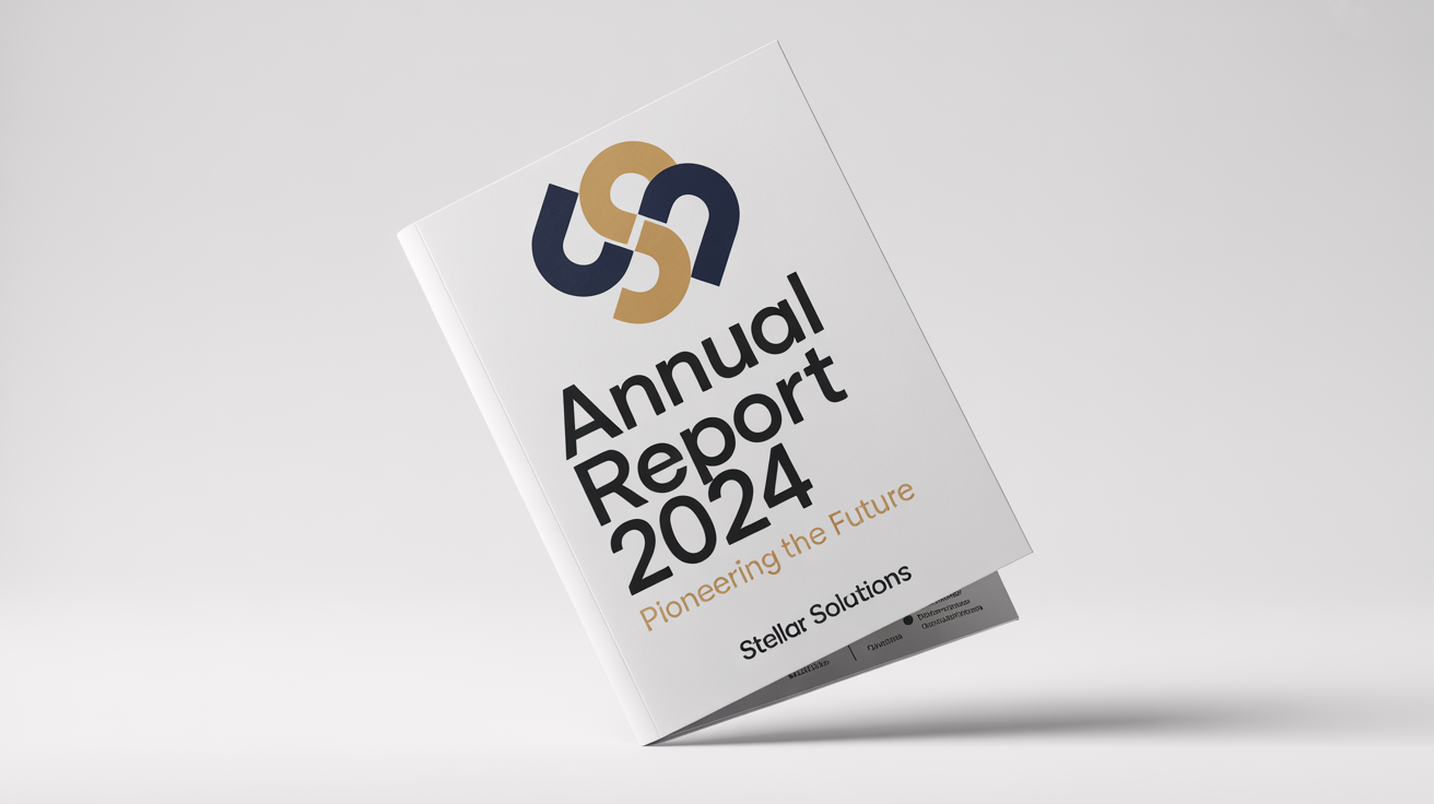A mockup of a professional annual report cover page for 'Stellar Solutions', titled 'Annual Report 2024', featuring a modern navy blue and gold design on a white background.
