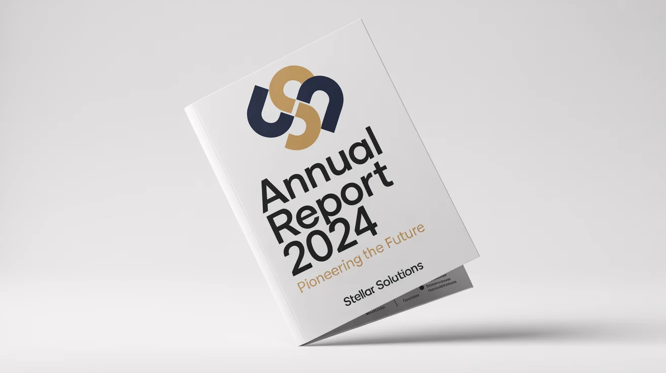 A mockup of a professional annual report cover page for 'Stellar Solutions', titled 'Annual Report 2024', featuring a modern navy blue and gold design on a white background.