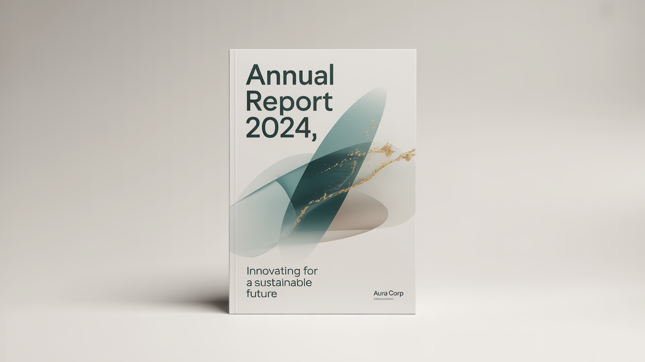A modern cover page for the 'Aura Corp' 'Annual Report 2024', featuring a minimalist design with teal and gold accents, displayed on a white background.