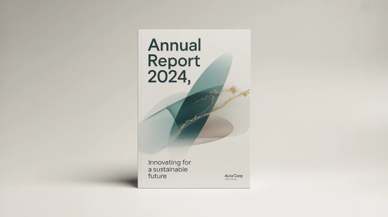 A modern cover page for the 'Aura Corp' 'Annual Report 2024', featuring a minimalist design with teal and gold accents, displayed on a white background.