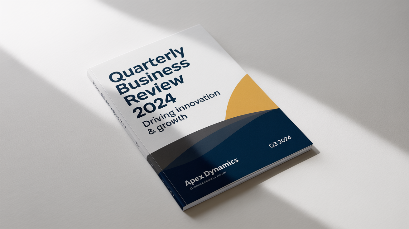 A professional mockup of a corporate report cover page titled 'Quarterly Business Review 2024' with a modern, geometric design in blue, gray, and yellow on a white background.