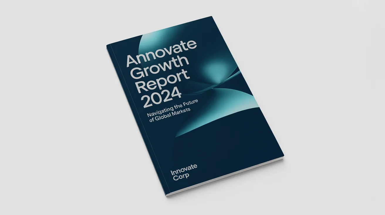 A professional mockup of a business report cover page titled 'Annual Growth Report 2024' for 'Innovate Corp', featuring a modern, minimalist design on a white background.