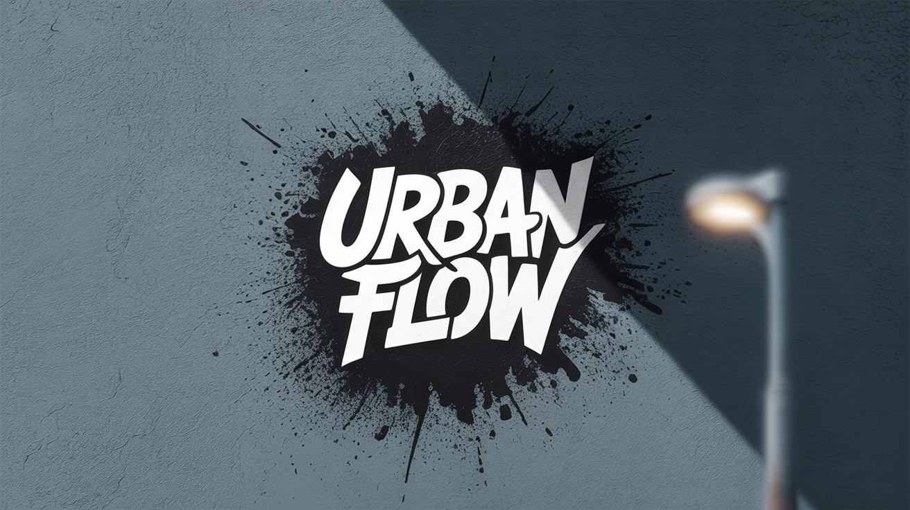 A modern urban logo for 'URBAN FLOW' in a graffiti stencil style, displayed as a high-quality mockup on a dark concrete wall.