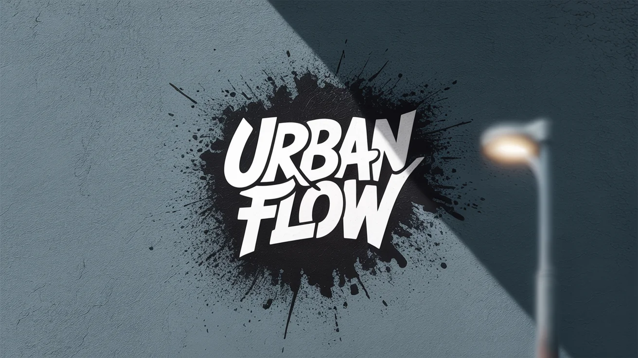 A modern urban logo for 'URBAN FLOW' in a graffiti stencil style, displayed as a high-quality mockup on a dark concrete wall.