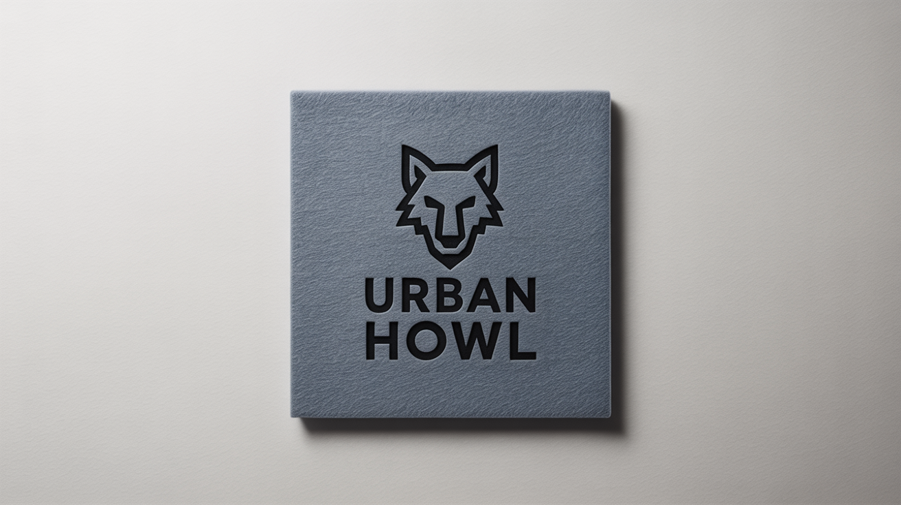 A mockup of an urban logo featuring a geometric wolf head and the words 'URBAN HOWL', embossed on a dark gray felt square against a white background.