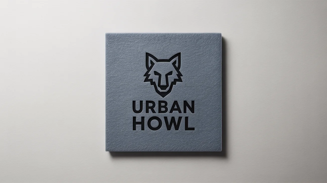 A mockup of an urban logo featuring a geometric wolf head and the words 'URBAN HOWL', embossed on a dark gray felt square against a white background.