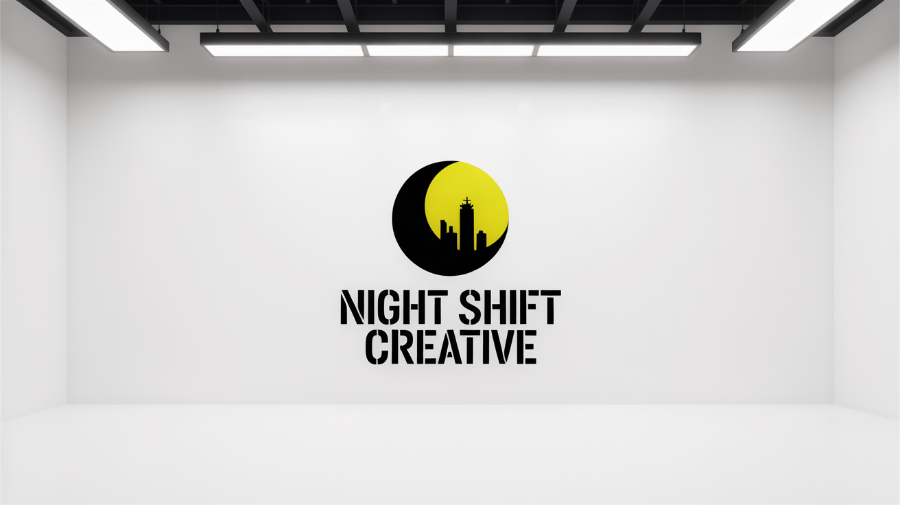 A modern urban logo mockup for a brand called 'NIGHT SHIFT CREATIVE', featuring a stencil font and a graphic of a moon over a city building, all on a plain white background.