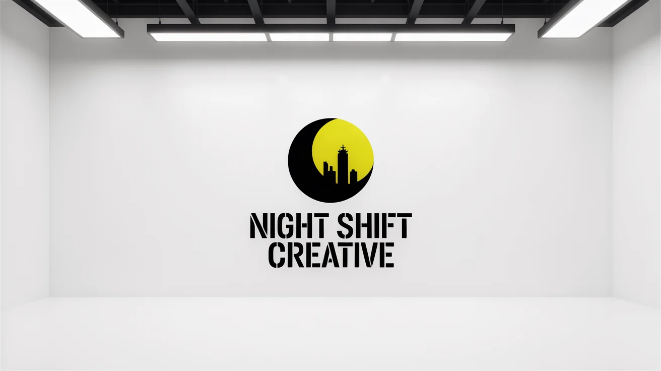 A modern urban logo mockup for a brand called 'NIGHT SHIFT CREATIVE', featuring a stencil font and a graphic of a moon over a city building, all on a plain white background.