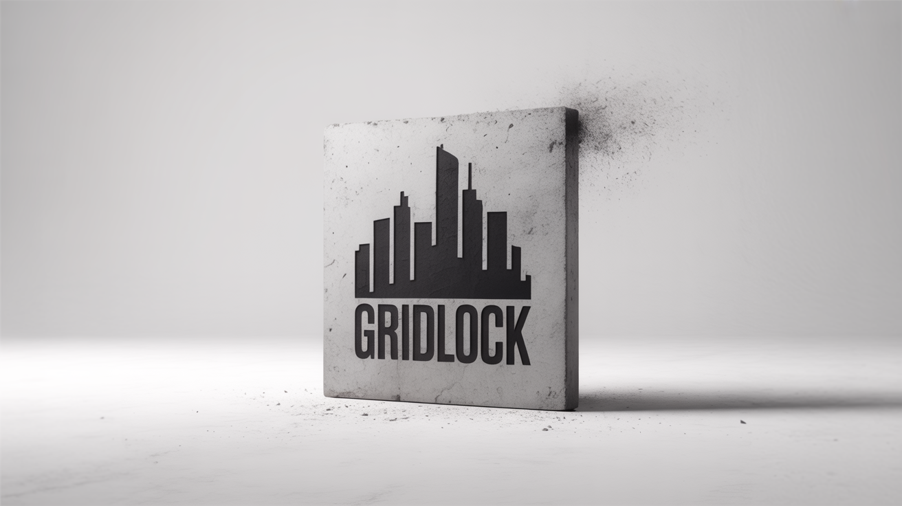 A mockup of an urban-style logo for a brand called 'GRIDLOCK', spray-painted in black on a concrete square, set against a clean white background.